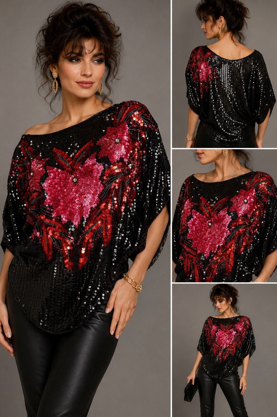 Vintage 80s Black Silk Sequin Floral Batwing Blouse Top Glam Statement Medium